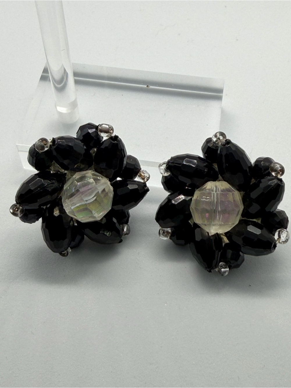 Black Beaded Cluster Earrings with Iridescent Accent